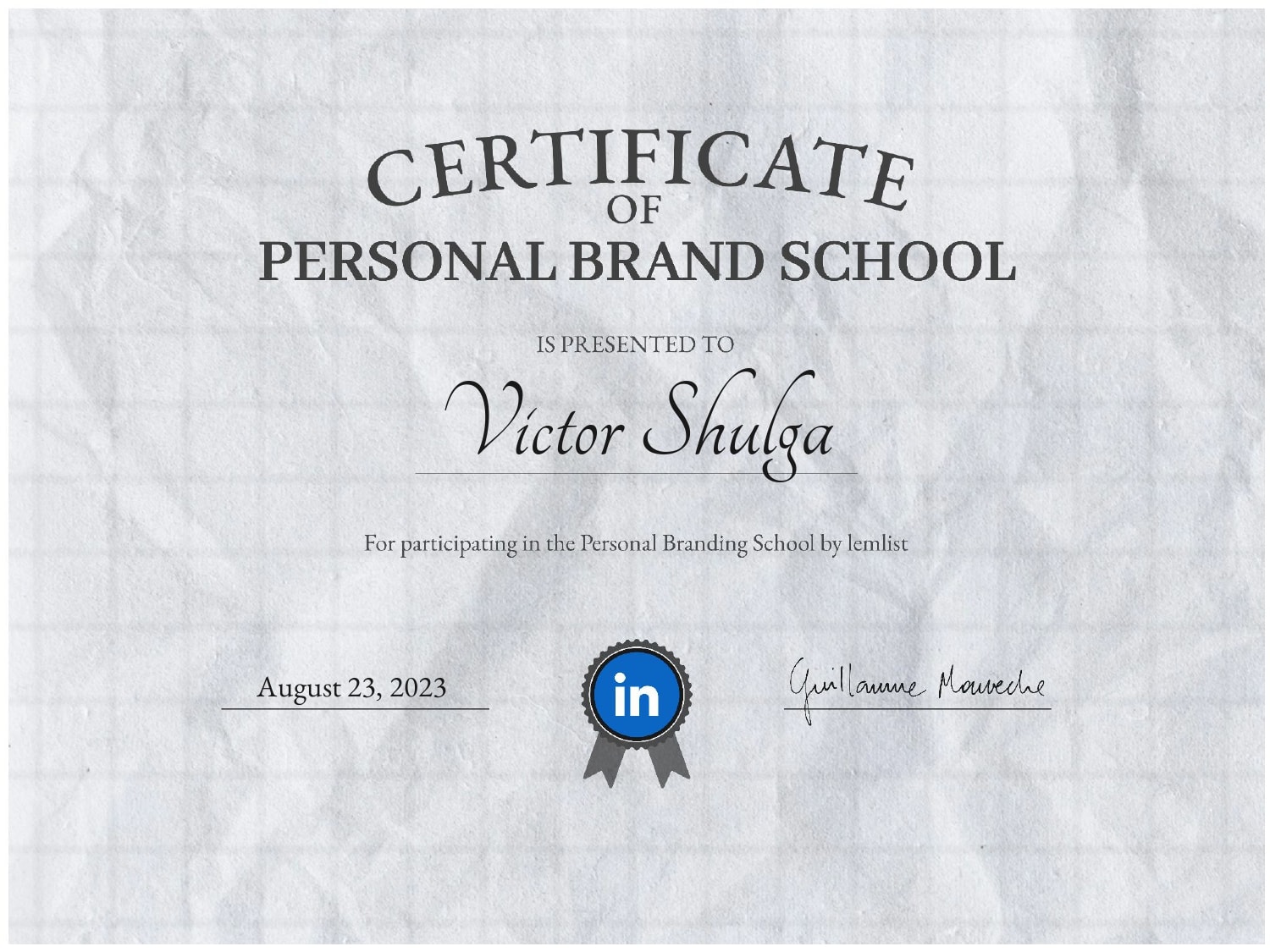 Personal Branding School Certificate - Victor Shulga